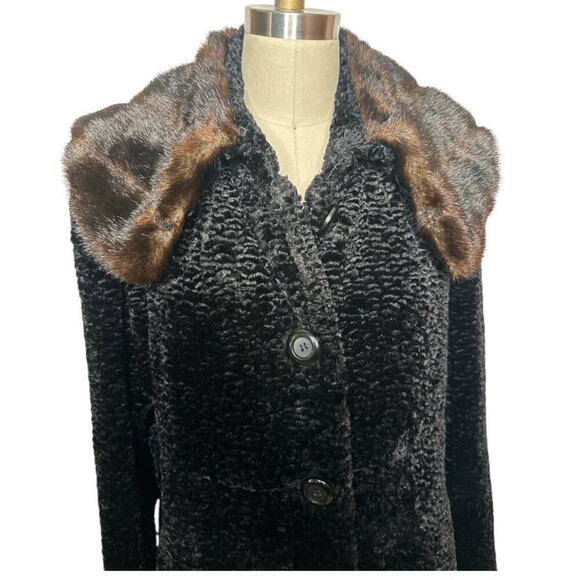 Jones New York Black Faux Lamb Fur Brown Faux Fur Collar Coat Jacket Size L - Picture 4 of 7